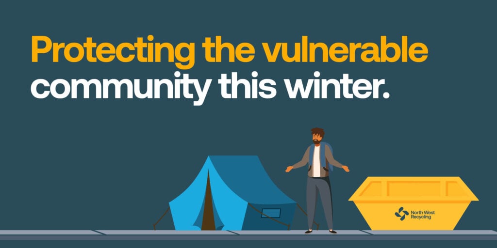 Blue graphic with yellow and white text showing an illustration of a man with a tent beside a skip, highlighting the issue of sleeping rough in refuse containers.