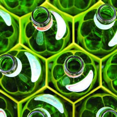 A close up of neatly tessellated glass bottles