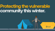 Blue graphic with yellow and white text showing an illustration of a man with a tent beside a skip, highlighting the issue of sleeping rough in refuse containers.